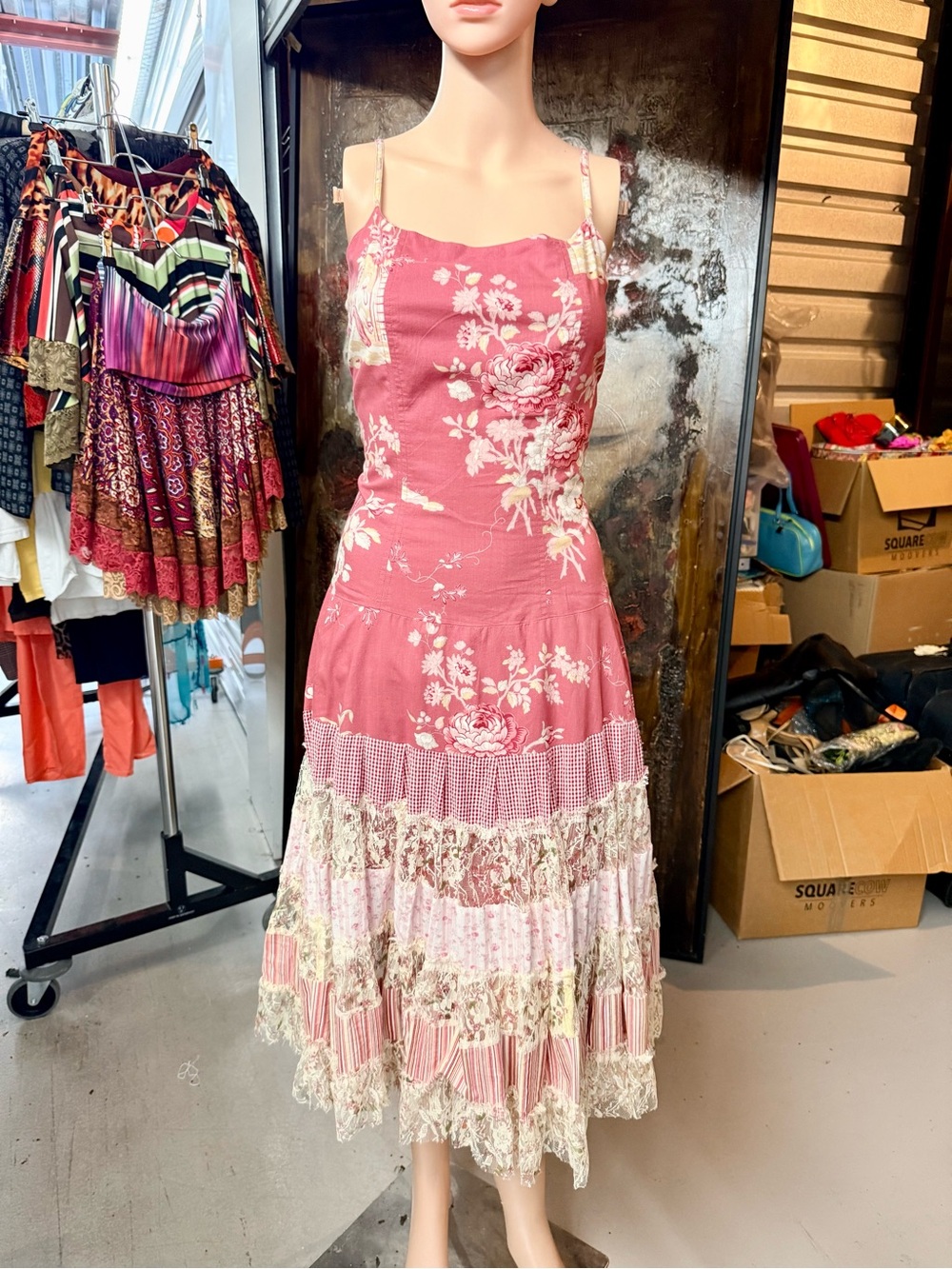 Luna Luz Floral Tiered Midi Dress Size S Cottagecore Lace Trim Spaghetti Strap - Picture 2 of 9